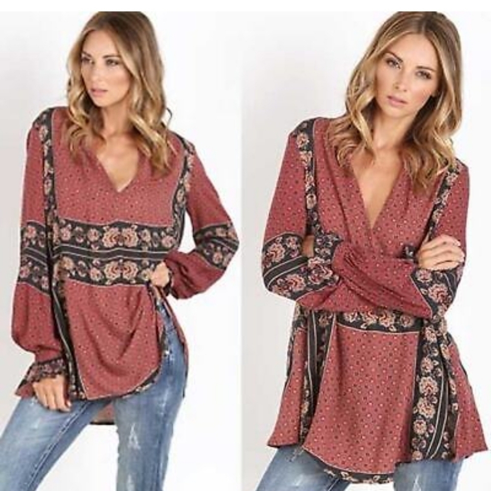 Free People Red and Black Relaxed Asymmetrical Tunic